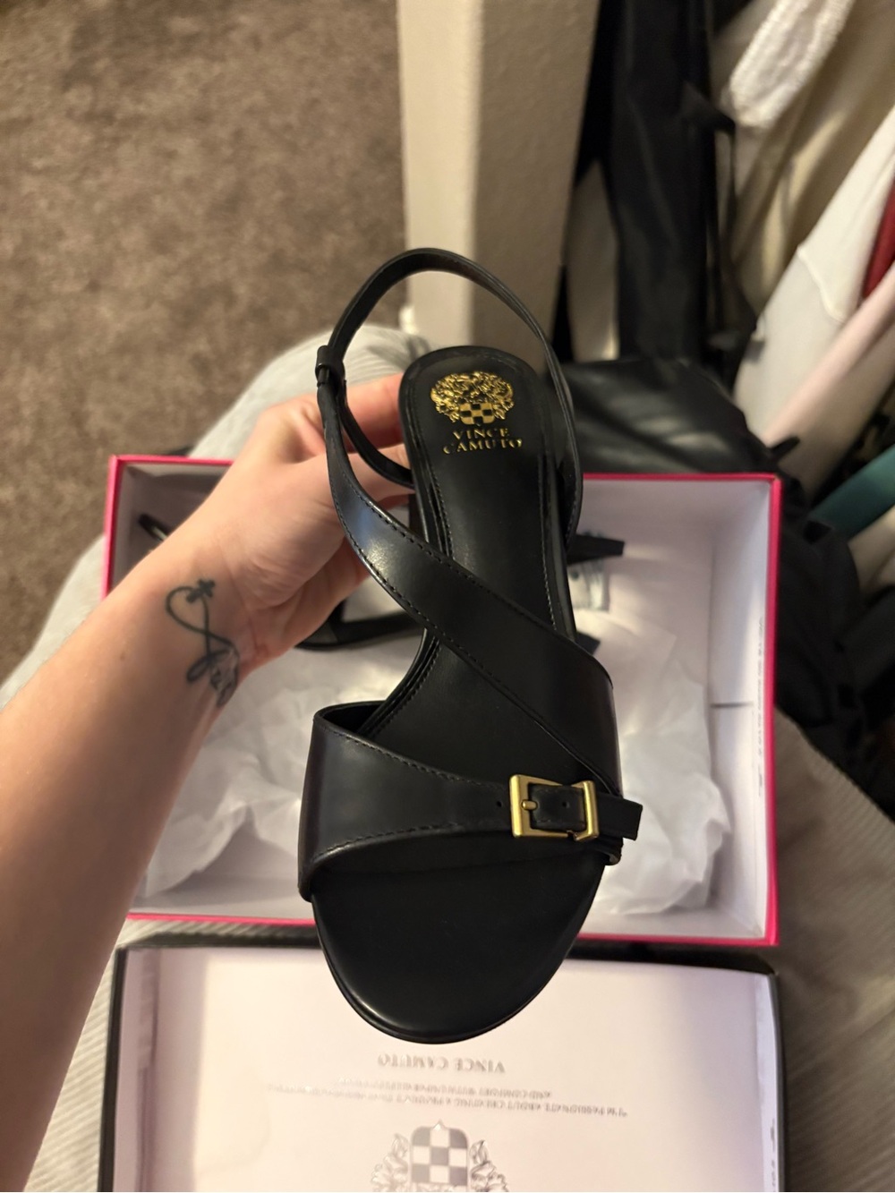 Vince Camuto Black Leather Slingback Heels with Gold Buckle